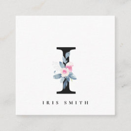 CARTÃO DE VISITA QUADRADO ALFABETES FLORAIS AZUIS SUAVES LETRA I