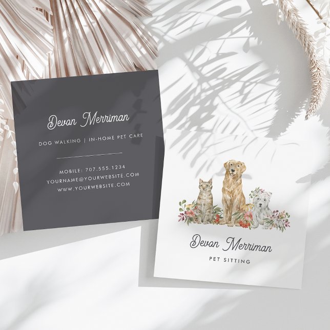 Cartão De Visita Quadrado Animais Florais De Aquarela | Pet Care (Criador carregado)