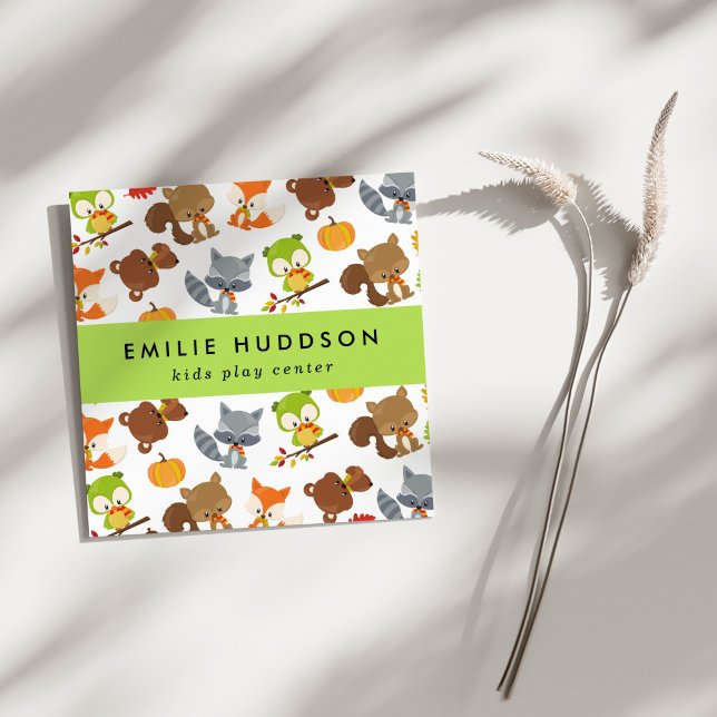 Cartão De Visita Quadrado Animais Florestais, Crianças Brincam, Centro de At (Criador carregado)