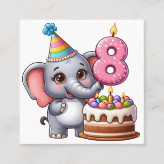 Cartão De Visita Quadrado Aniversário de 8 anos do Elefante Fofo