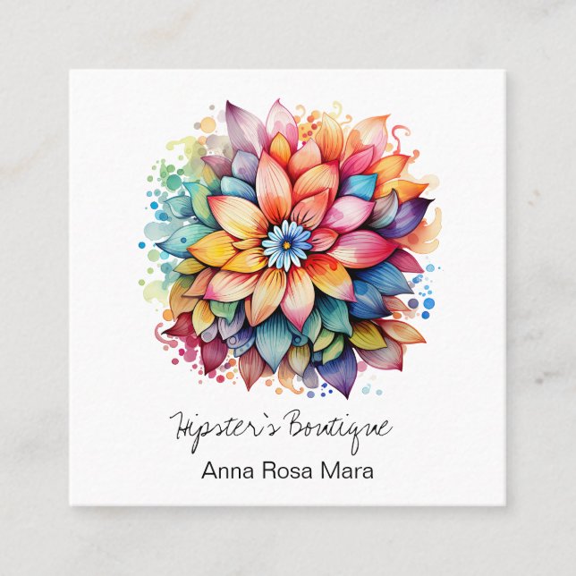 Cartão De Visita Quadrado *~* AP57 Boho QR Bold Retro 60's Flower Buquê (Frente)