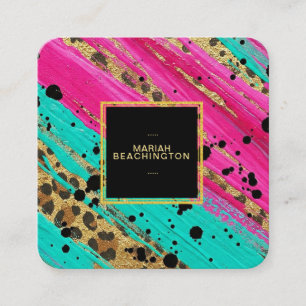Cartão De Visita Quadrado ** AP93 Dourado Leopard Animal Neon Bold Abstrato