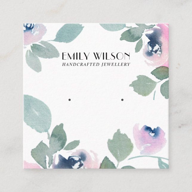 CARTÃO DE VISITA QUADRADO APRESENTAÇÃO DE OUVIDO DE ROSA FLORAL VERDE AZUL D (Frente)