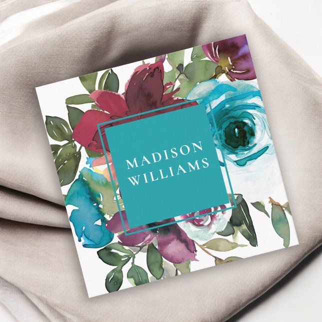 Cartão De Visita Quadrado Aqua e Borgonha Vinho Floral (Criador carregado)
