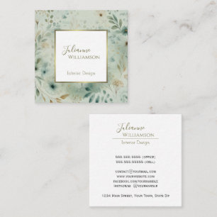 Cartão De Visita Quadrado Aquarela Botânica Elegante em Verde Sage e Dourado