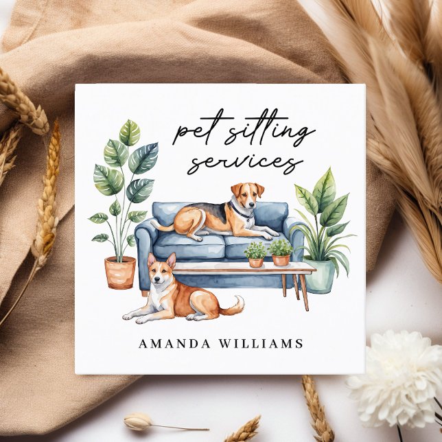 Cartão De Visita Quadrado Aquarela dos Serviços de Sessão Pet (Criador carregado)
