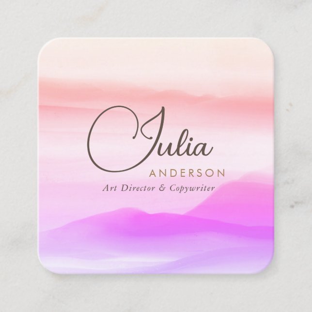 Cartão De Visita Quadrado Aquarela Dourado e Rosa Claro Holografia Script (Frente)