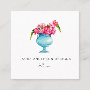 Cartão De Visita Quadrado Aquarela flor rosa em vaso Florista