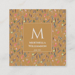 Cartão De Visita Quadrado Aquarela Floral Dourada MONOGRAM Moderna