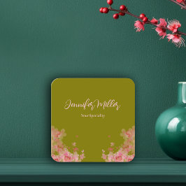 Cartão De Visita Quadrado Aquarela floral verde oliva elegante