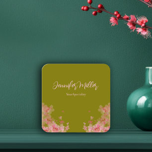 Cartão De Visita Quadrado Aquarela floral verde oliva elegante