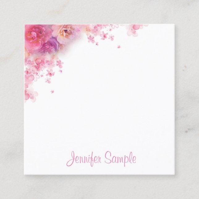 Cartão De Visita Quadrado Aquarela Flores Modernas Elegantes Modelo (Frente)