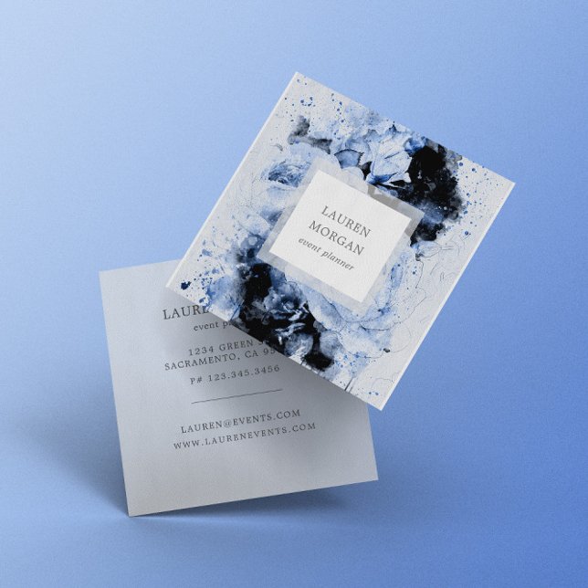 Cartão De Visita Quadrado Aquarela Marselha Azul Abstrato Floral (Criador carregado)