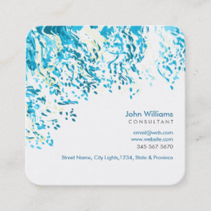 Cartão De Visita Quadrado Aquarela Natureza Moderna Tintas Brushstrokes Azul