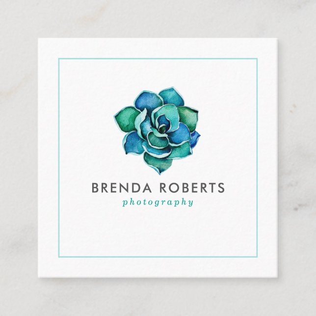 Cartão De Visita Quadrado Aquarelas - Coroa azul-esverdeada de Cactus (Frente)