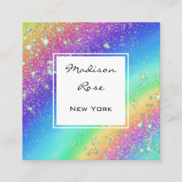 Cartão De Visita Quadrado Arco-Íris Dourado Colorido Holográfico de Luxo Mod