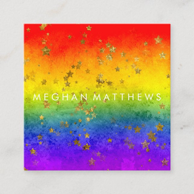 Cartão De Visita Quadrado Arco-Íris Dourado Estrelas de Bela Esmagadora Maqu (Frente)
