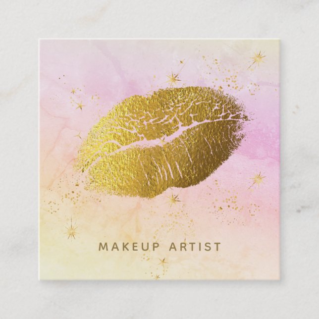 Cartão De Visita Quadrado *~* Arco-Íris Estrelas Cósmicas Douradas Pastel Om (Frente)