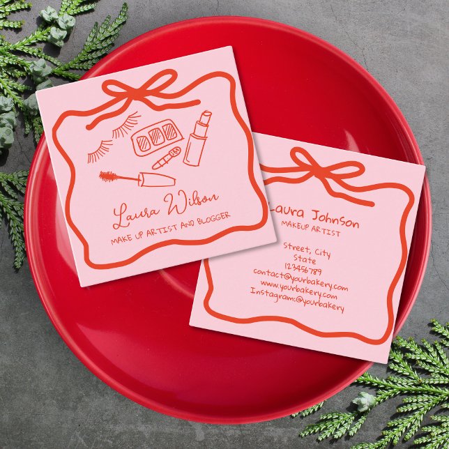 Cartão De Visita Quadrado Arco Rosa Vermelho, Artista Maquiagem Whimsical De (red pink bow and makeup doodle)