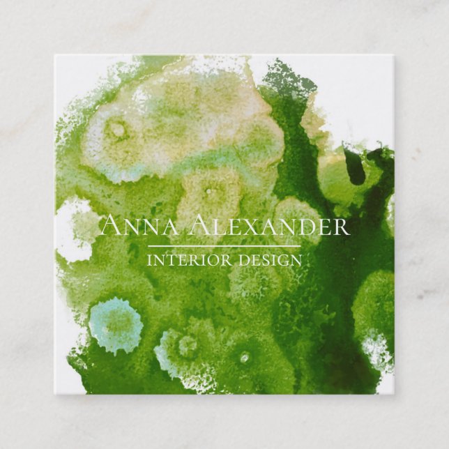 Cartão De Visita Quadrado Arte Abstrato de Aquarela Artística Verde (Frente)