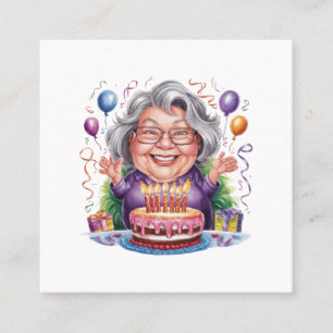 Cartão De Visita Quadrado Arte de Bolo de Aniversário de Senhora Idosa Anima