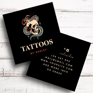 Cartão De Visita Quadrado Arte de Tatuagem de Cobra do Crânio Gótico místico