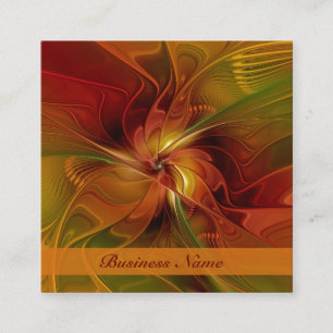 Cartão De Visita Quadrado Arte Floral Fractal Abstrata Vermelha Laranja Marr