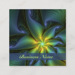Cartão De Visita Quadrado Arte fractal abstrata dourada azul verde brilhante