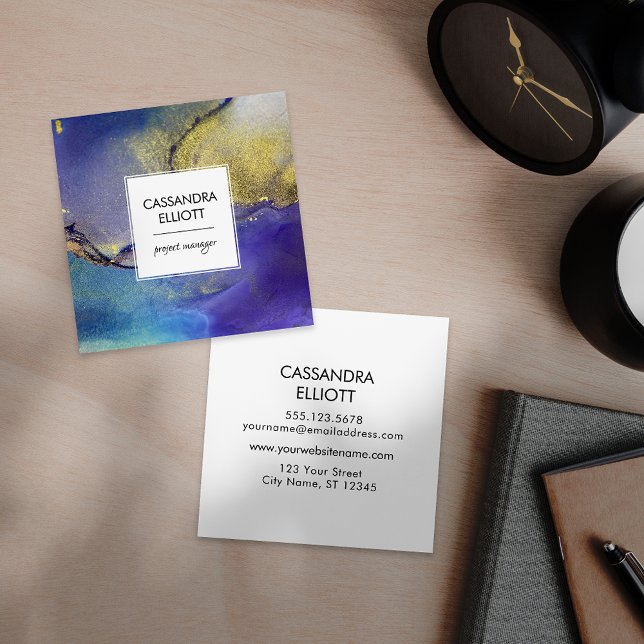 Cartão De Visita Quadrado Arte Líquida Azul Roxo e Dourada (Criador carregado)