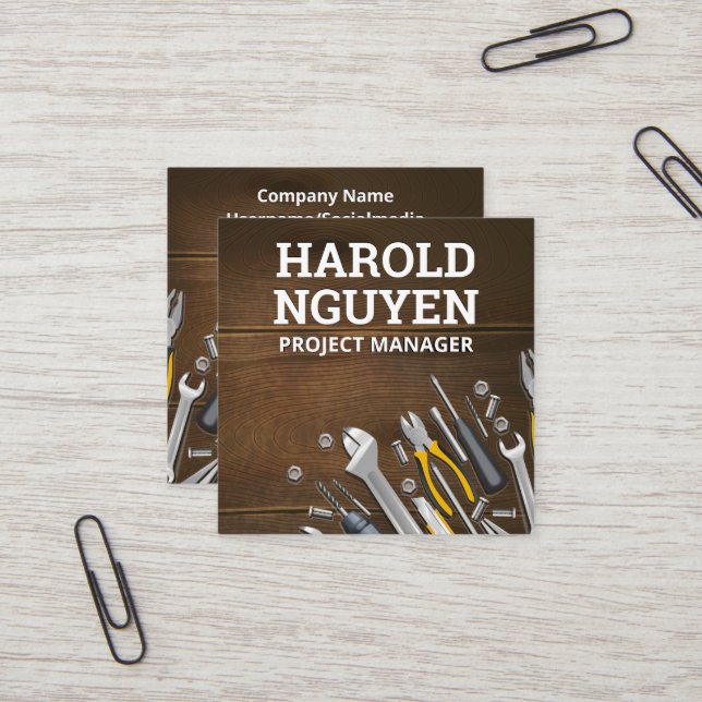 Cartão De Visita Quadrado Artesãos Ferramentas Mesa de Madeira (Frente/Verso In Situ)
