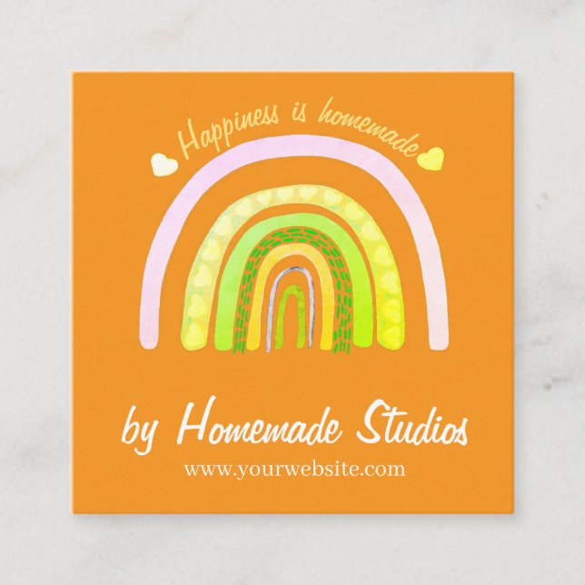 Cartão De Visita Quadrado Artisan Rainbow 'Happiness is Homemade'  (Frente)