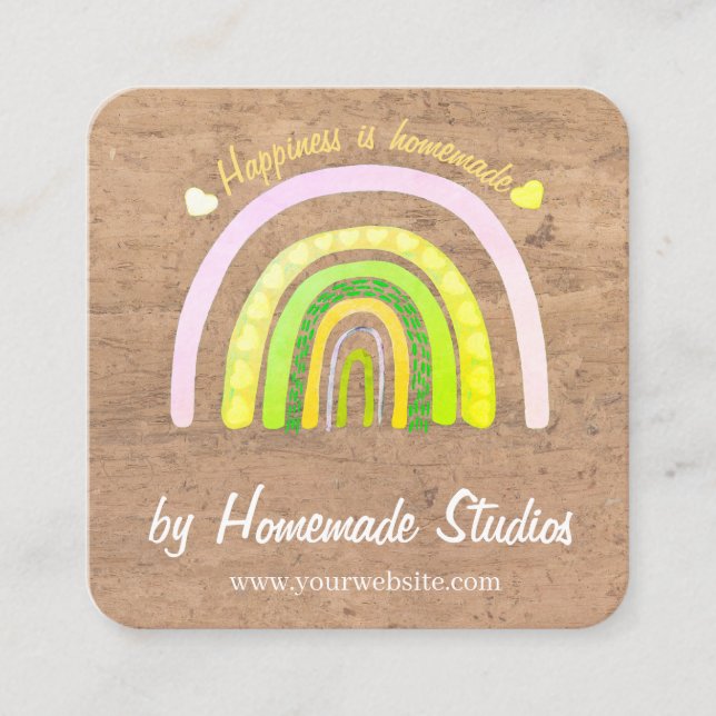 Cartão De Visita Quadrado Artisan Woodgrain Rainbow 'Happiness is Homemade'  (Frente)