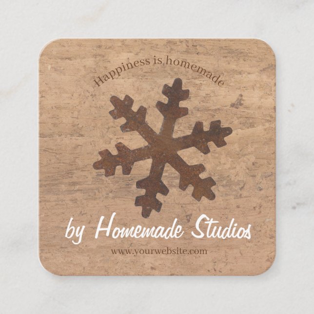 Cartão De Visita Quadrado Artisan Woodgrain Rustic Snowflake 'Homemade'  (Frente)