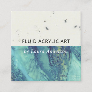 CARTÃO DE VISITA QUADRADO ARTISTA AZUL AQUA TEAL FLUID ACRÍLICO ARTE