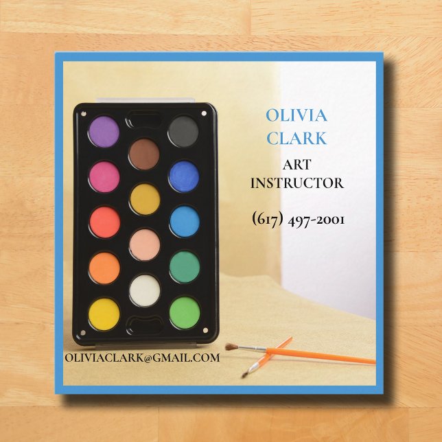 Cartão De Visita Quadrado Artista Azul Celestial/Tutor/Educador (Blue Business Card Multicolored Water Color Palette )