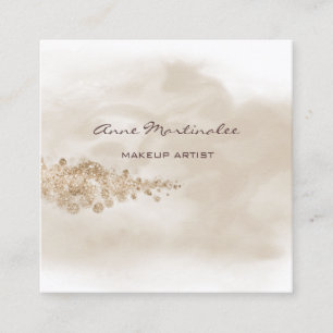 Cartão De Visita Quadrado Artista de Maquiagem Aquarela Bege Dourado Glitter