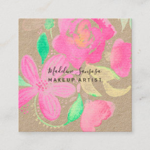 Cartão De Visita Quadrado Artista de Maquiagem Aquarela Botânica Floral Rosa