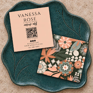 Cartão De Visita Quadrado Artista de Maquiagem Boho Código QR Floral Pêssego