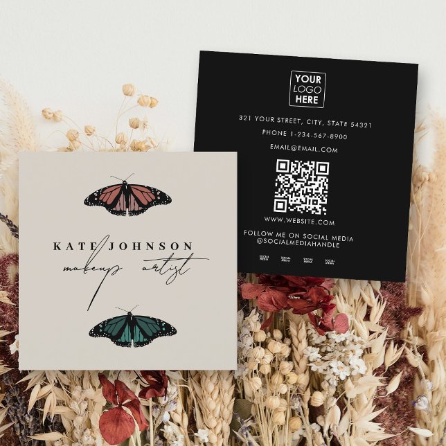 Cartão De Visita Quadrado Artista de Maquiagem de Borboletas Neutras Moderna (Modern Neutral Butterflies Makeup Artist Square Business Card)