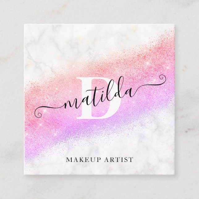 Cartão De Visita Quadrado Artista de maquiagem de mármore com brilho roxo e  (Frente)