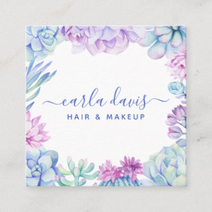 Cartão De Visita Quadrado Artista de Maquiagem Floral Boho Suculentas Aquare