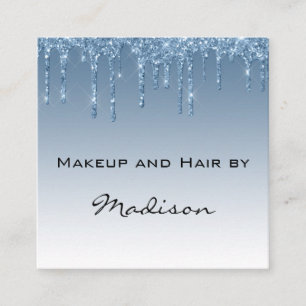 Cartão De Visita Quadrado Artista de Maquiagem Glam Blue Dripping Glitter Dr