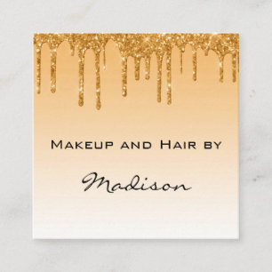 Cartão De Visita Quadrado Artista de Maquiagem Glam Gold Dripping Glitter Dr