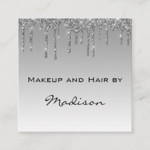 Cartão De Visita Quadrado Artista de Maquiagem Glam Gray Silver Glitter Drip