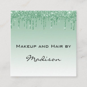 Cartão De Visita Quadrado Artista de Maquiagem Glam Green Dripping Glitter D