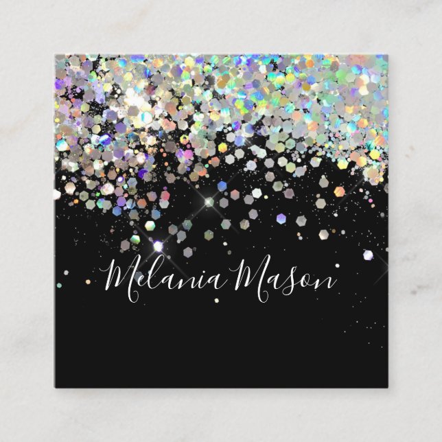 Cartão De Visita Quadrado Artista de Maquiagem Holográfica Elegante Preto (Frente)