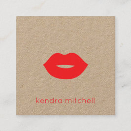 Cartão De Visita Quadrado Artista de Maquiagem Kraft Logotipo de Lábios Verm