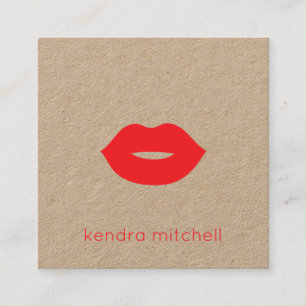 Cartão De Visita Quadrado Artista de Maquiagem Kraft Logotipo de Lábios Verm