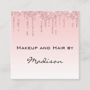 Cartão De Visita Quadrado Artista de Maquiagem Rosa Dourado Glam Glitter Dri