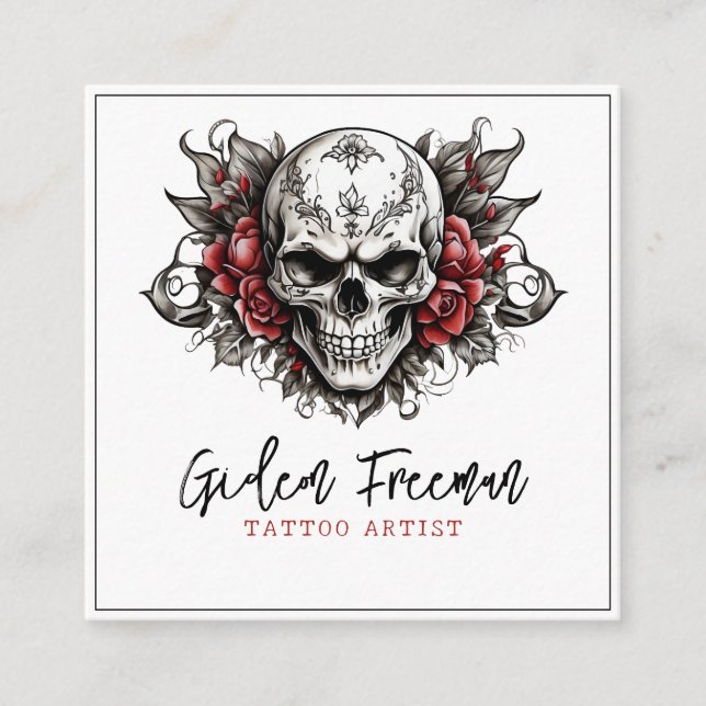 Cartão De Visita Quadrado Artista de Tatuagem de Rosas do Crânio Branco e Pr (Frente)